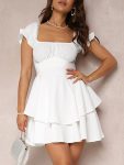 Women'S Mini A-Line Dress Solid Color Ruffled Sleeves Square Neck Layered Hem Dress
