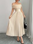 Women's Elegant Off-the-Shoulder Pleated A-Line Dress - Lightweight Summer Machine-Washable Solid Color Versatile Commute to Party Wear, Sleek Party Dress