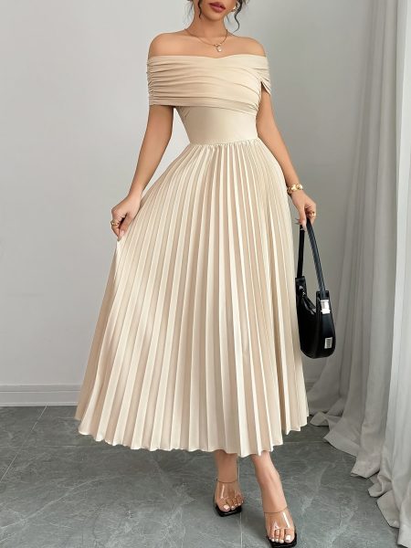 Women's Elegant Off-the-Shoulder Pleated A-Line Dress - Lightweight Summer Machine-Washable Solid Color Versatile Commute to Party Wear, Sleek Party Dress