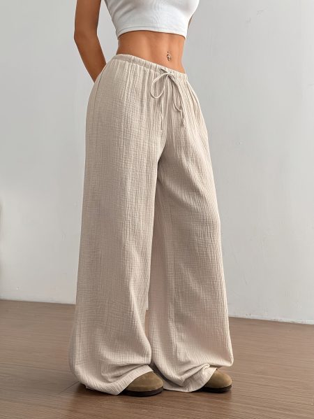 Women's Y2K Summer Casual Straight-Leg Pants - Ultra-Low-Rise Drawstring Waist, Lightweight Breathable Fabric, Machine Washable Solid Color Trousers for Adults, Casual Attire, Relaxed Outfit, Minimalist Fashion, Smooth Texture, Durable Clothing, Warm Weat