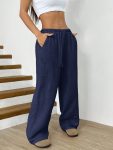Women's Navy Blue Straight-Leg Casual Pants with Drawstring Waist and Slant Pockets - Comfortable Polyester Fabric for Casual Attire