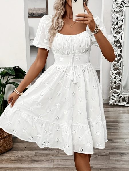 Elegant White Square Neck Midi Dress - Polyester Blend, Short Sleeve, Lace Detail, Ruffled Hem, Machine Washable, Casual Women's Fashion