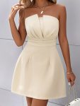Women's Elegant Off-the-Shoulder Strapless Back Summer Dress - Solid Color Flared Skirt, Machine Washable Lightweight Formal Party Dress for Weddings & Evening Events, Smooth Texture Fabric