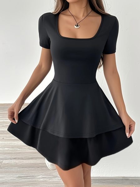 Elegant Black Midi Dress for Women - Square Neck, Short Sleeve, Ruffled Hem, Cinched Waist, Solid Color, Perfect for Spring/Summer, Adult Fashion, Formal Attire|Ruffled Hem Dress|Cinched Waist Design