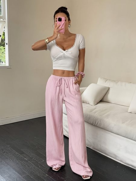 Women'S Light Pink Wide-Leg Pants with Adjustable Drawstring Waist - Casual Loose Fit, All-Season Comfort, Perfect for Casual Attire, Comfortable Clothing | Relaxed Fit Pants | Smooth Texture Fabric