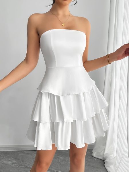 Elegant White Ruffle Hem Mini Tube Dress - Strapless Layered Skirt for Women, Perfect for Weddings, Parties, and Spring/Summer Events