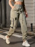 Women's High-Waisted Cargo Pants with Elastic Drawstring Waist - Olive Green Relaxed Fit, Multiple Utility Pockets, Soft Polyester Casual Outdoor Pants for All-Season Comfort, High Waist Pants, Leisure Cargo Shorts, Comfortable Clothing