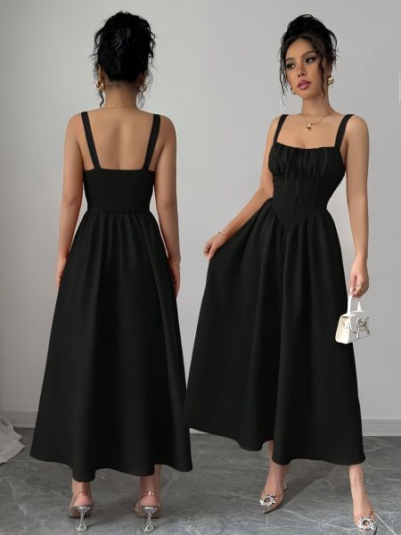 Elegant Women'S Blue Maxi Dress with Ruched Neckline and Tie Waist - Sleeveless, Asymmetrical Spaghetti Straps, Perfect for Vacation, Commuting, and Summer Parties, Stylish and Comfortable Fit, Casual Summer Dress | Chic Maxi Dress | Asymmetrical Strap De