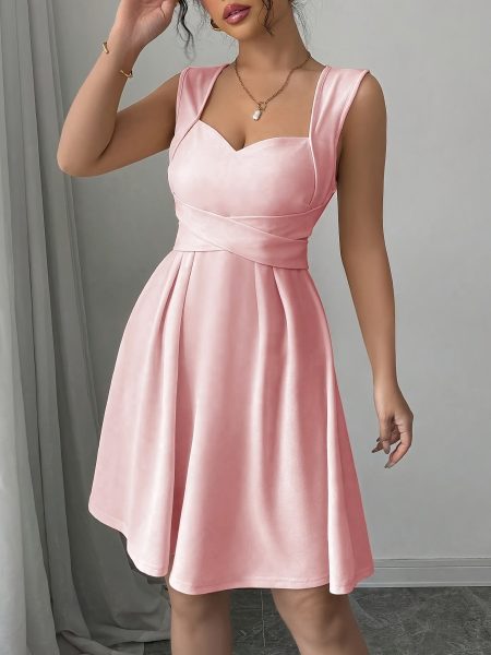 Elegant Off-Shoulder Black Midi Dress for Women - Sleeveless Ruched Design with V-Neck, Cinched Waist, and Flowy Skirt, Perfect for Spring/Summer, Adult Fashion, Casual Elegant Wear | Offshoulder Dress | Ruched Detailing, Cute Dresses