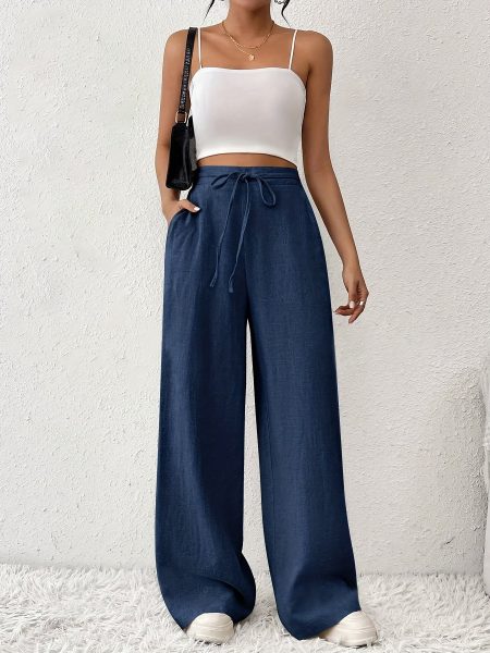 Women'S High-Waisted Drawstring Pants - Black Casual Wide-Leg Trousers with Adjustable Drawstring Waist, Comfortable All-Season Wear, Machine Washable Polyester Blend for Casual Attire, Comfortable Clothing | Wideleg Pants | Smooth Texture Fabric
