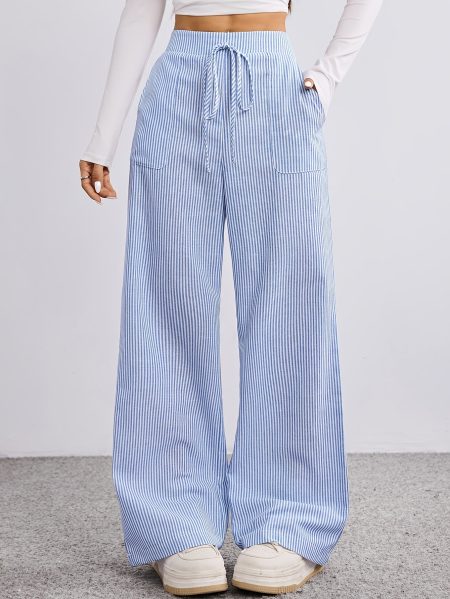 Striped Print Straight Leg Pants, Casual Drawstring Elastic Waist Slant Pockets Pants For Spring & Summer, Women's Clothing