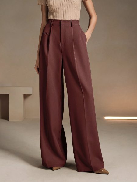Women's Casual Wide-Leg Trousers - Solid Color High-Waisted Elastic Waistband, Non-Stretch Machine-Washable Spring/Summer Pants for Casual Attire, High Waist Pants, Spring Summer Clothing, Minimalist Fashion, Zipper Detail