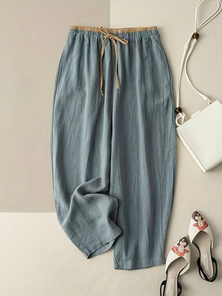 Women's Japanese-Inspired Viscose Rayon Wide-Leg Pants - Loose Fit Drapey Trousers with Elastic Waist & Drawstring, Straight-Leg Design for Spring Summer Fall, Machine Washable Casual Office Wear, Everyday Comfort, Durable Construction