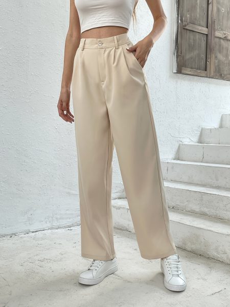 Women's Light Beige High-Waisted Tailored Blazer Pants with Elastic Waistband & Zipper Closure - Casual Spring/Summer Long Pants for Casual Attire, Relaxed Fit Trousers, Smooth Texture Fabric
